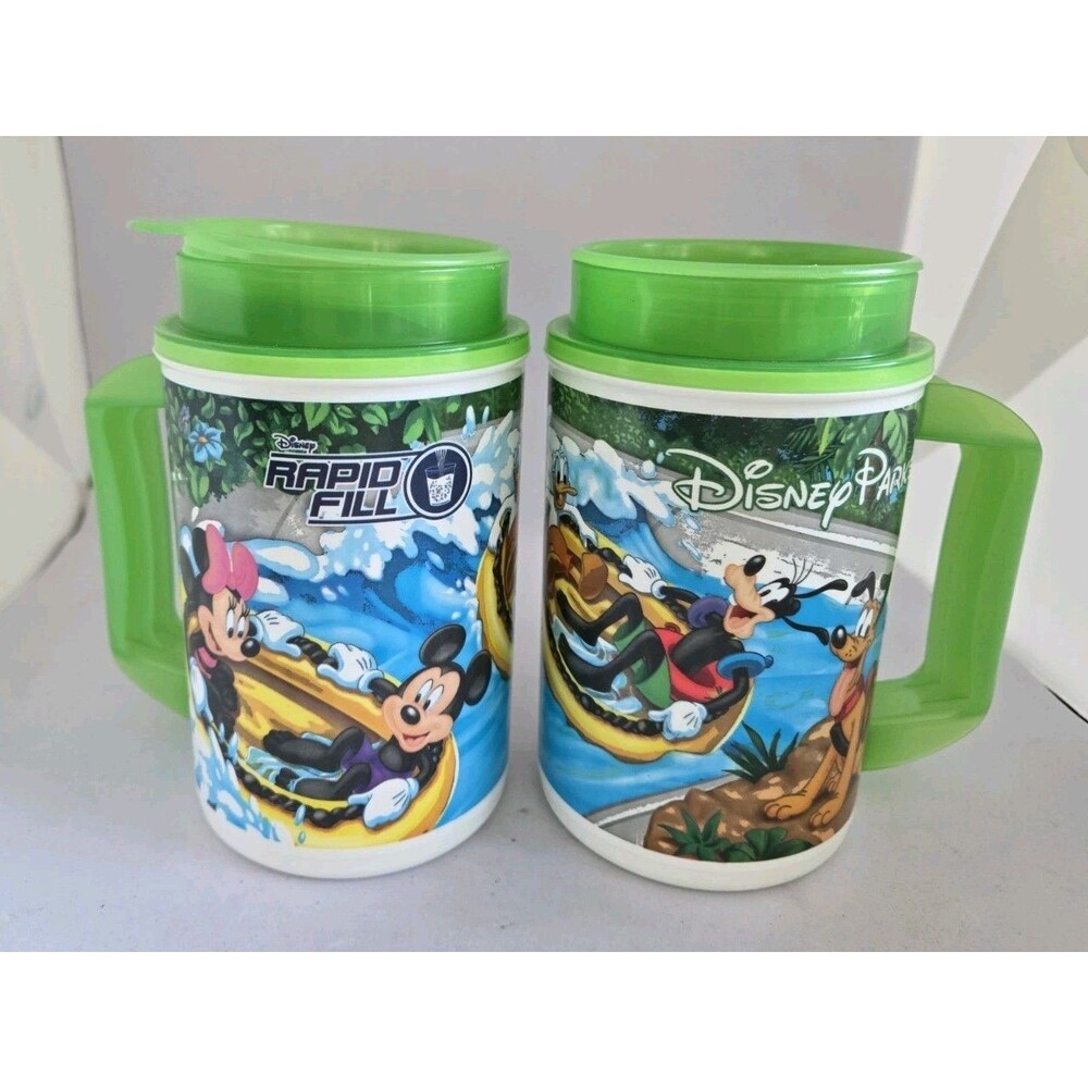 vintage Disney Parks "Rapid Fill" refillable souvenir travel mugs/cups w/Lid S/2